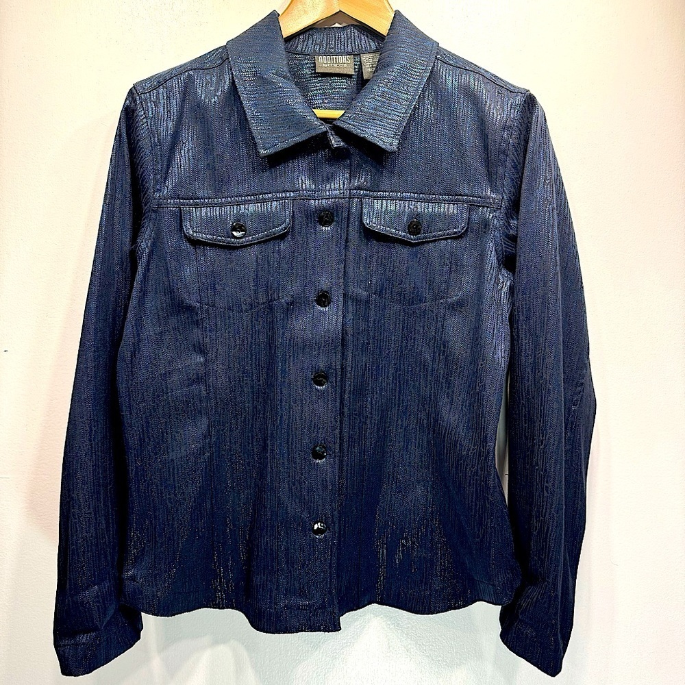 Chico’s Additions Blue & Black Metallic Long Sleeve Button Down Shirt Shacket